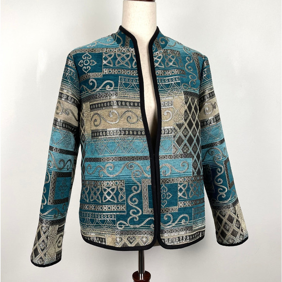 Vintage Serengeti Patchwork Tapestry Jacket Sz S Blue Metallic Shimmery Pockets - Picture 5 of 16